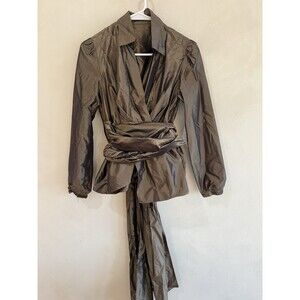 Etro Designer Women’s Silk Long Sleeve Blouse Shirt Top IT 44 Medium Green Shiny